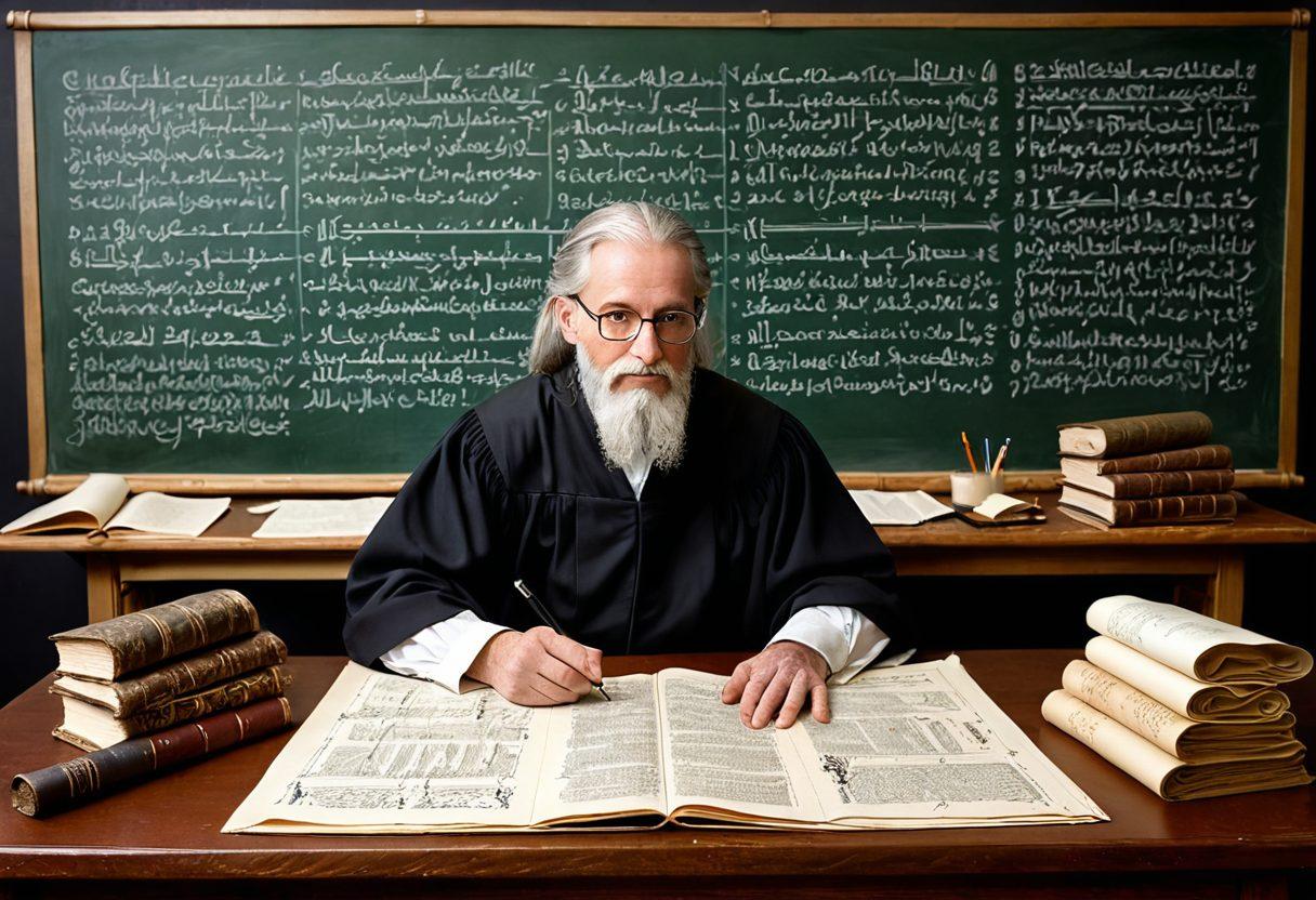 A whimsical illustration of a scholar at an enormous, sprawling desk cluttered with parchment and quills, intensely scribbling out complex mathematical expressions and extended notation on oversized scrolls. In the background, a chalkboard filled with intricate formulas and symbols. The atmosphere is vibrant and scholarly, with warm lighting illuminating the passion for knowledge. super-realistic. vibrant colors. academic ambiance.